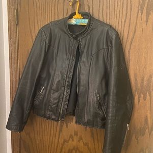 Black leather biker style jacket. Unisex. Medium